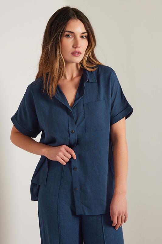 Evans LTS Tall Navy Blue Linen Oversized Short Sleeve Shirt