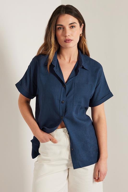 Evans LTS Tall Navy Blue Linen Oversized Short Sleeve Shirt