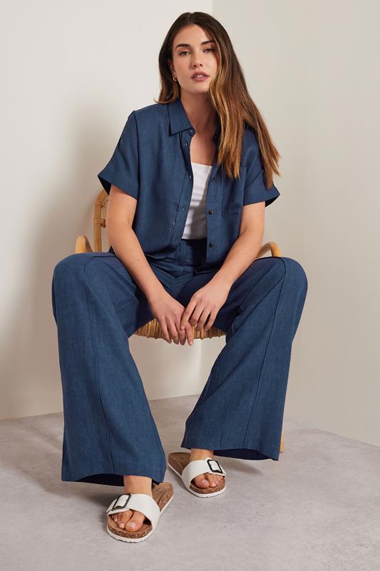 Evans LTS Tall Navy Blue Linen Pleated Wide Leg Trousers