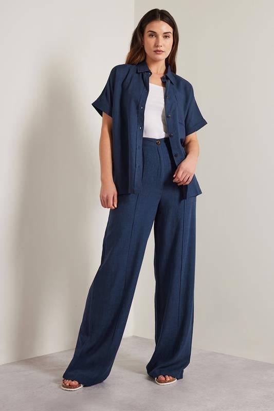 Evans LTS Tall Navy Blue Linen Pleated Wide Leg Trousers