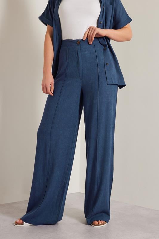 Evans LTS Tall Navy Blue Linen Pleated Wide Leg Trousers