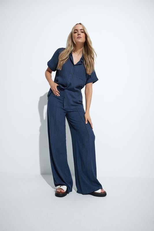 evans LTS Tall Navy Blue Linen Pleated Wide Leg Trousers