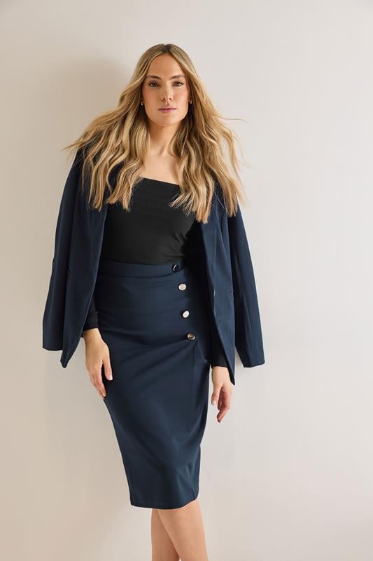 evans LTS Tall Navy Blue Tailored Button Midi Skirt