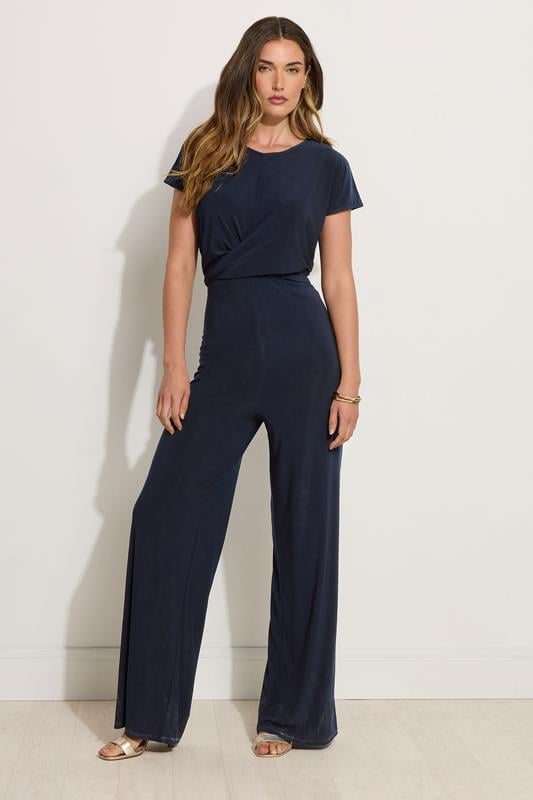 Evans LTS Tall Navy Blue Twist Front Wide Leg Jumpsuit