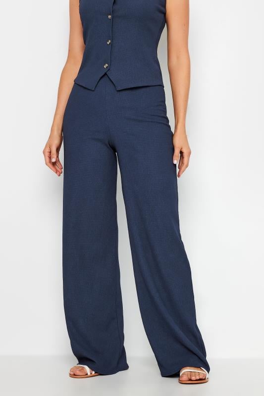 Evans LTS Tall Navy Blue Wide Leg Textured Trousers