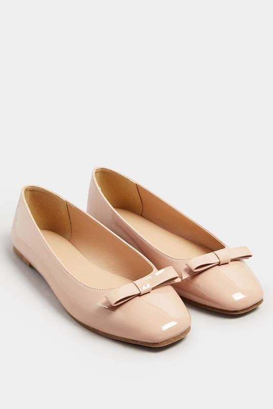 Evans LTS Tall Nude Patent Bow Square Toe Flats In Standard Fit