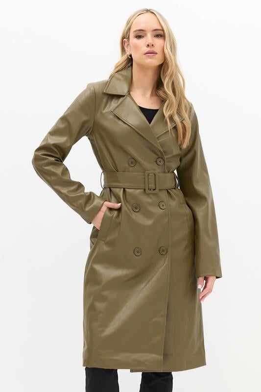 evans LTS Tall Olive Green Faux Leather Trench Coat