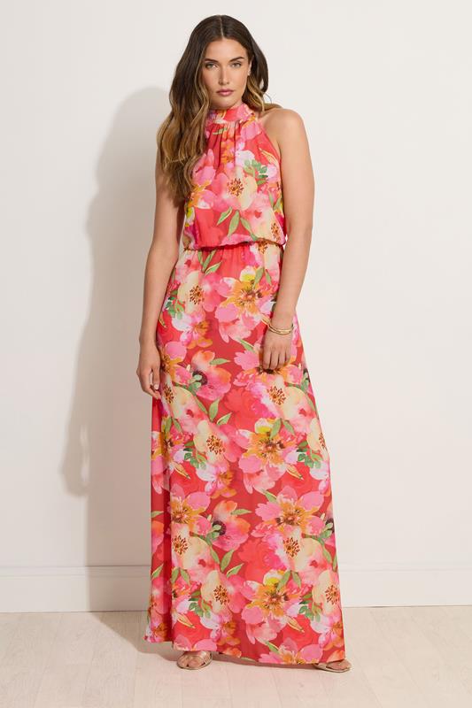 Evans LTS Tall Orange Tropical Floral Halter Neck Maxi Dress