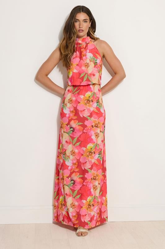 evans LTS Tall Orange Tropical Floral Halter Neck Maxi Dress