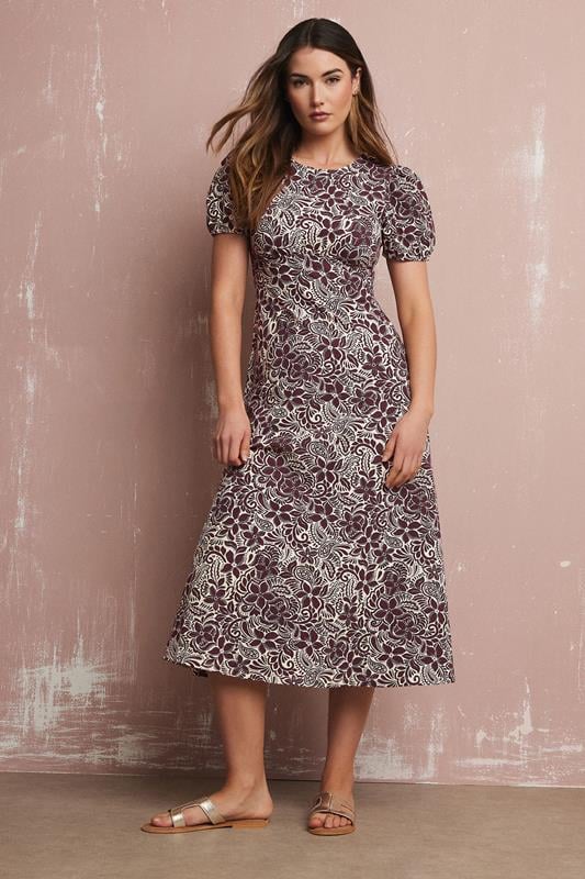 evans LTS Tall Purple Floral Puff Sleeve Midi Dress