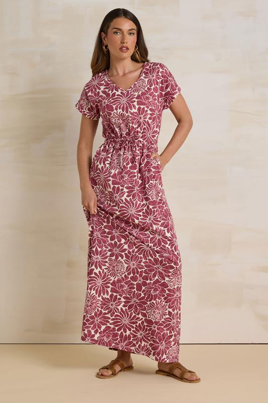 Evans LTS Tall Red Cotton Floral Print Drawstring Maxi Dress