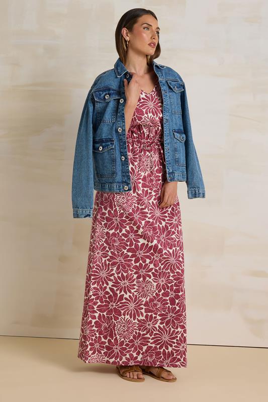 Evans LTS Tall Red Cotton Floral Print Drawstring Maxi Dress