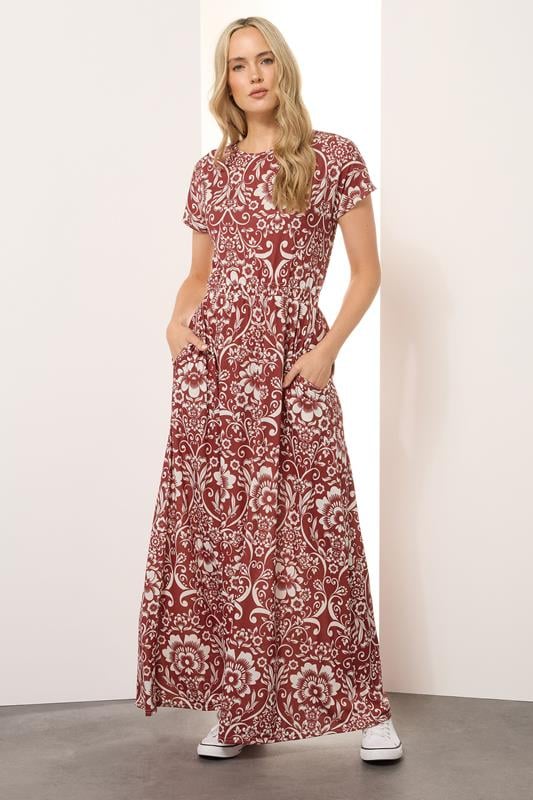 evans LTS Tall Red Floral Paisley Shirred Waist Maxi Dress
