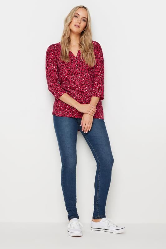 Evans LTS Tall Red Leopard Print Pintuck Button Henley Top