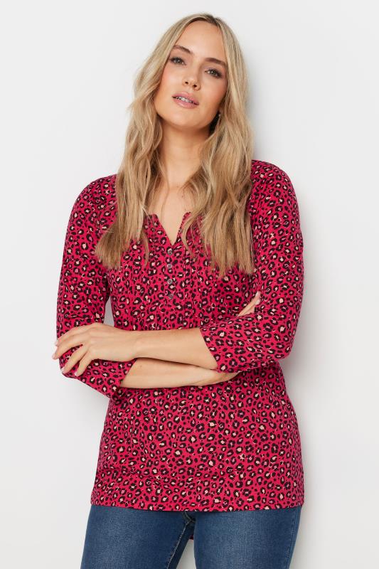 Evans LTS Tall Red Leopard Print Pintuck Button Henley Top