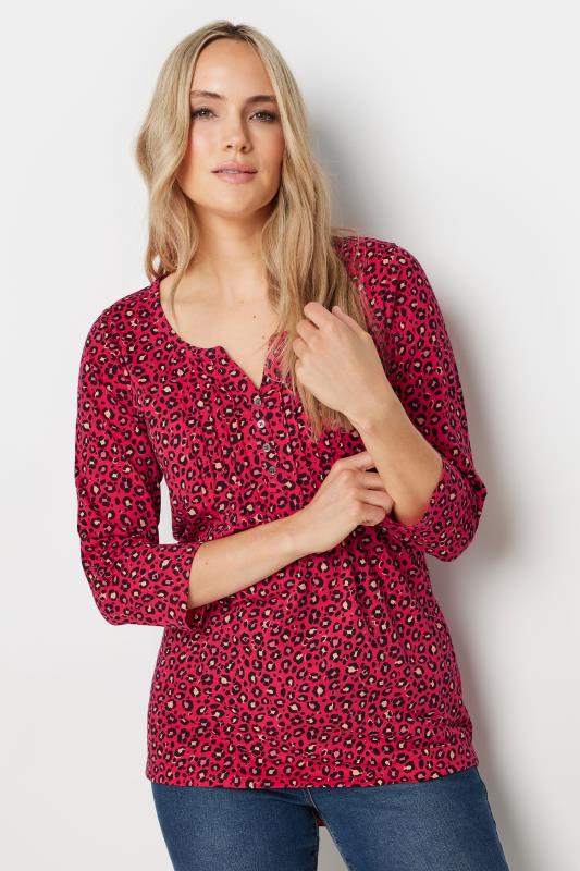 evans LTS Tall Red Leopard Print Pintuck Button Henley Top