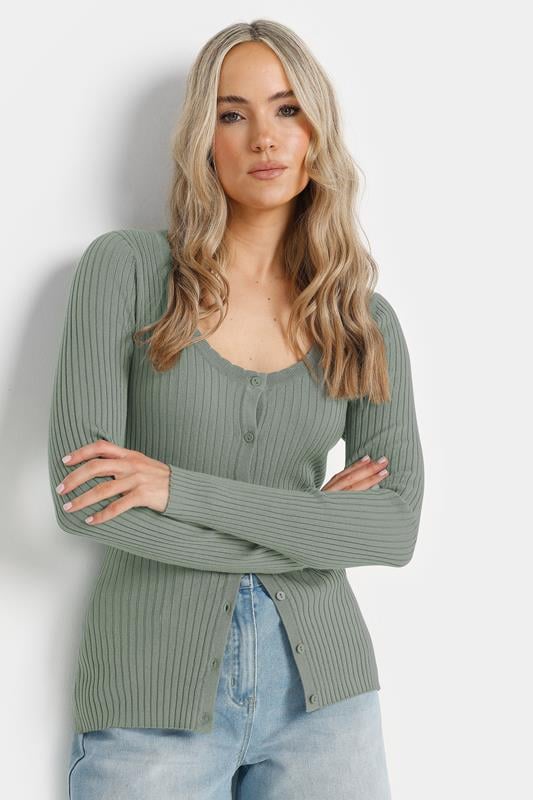 evans LTS Tall Sage Green Ribbed Scalloped Hemline Cardigan