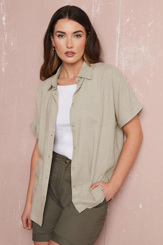 Evans LTS Tall Stone Brown Linen Oversized Short Sleeve Shirt