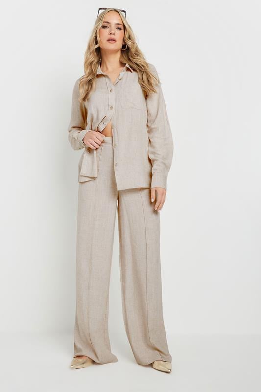 Evans LTS Tall Stone Brown Linen Pleated Wide Leg Trousers