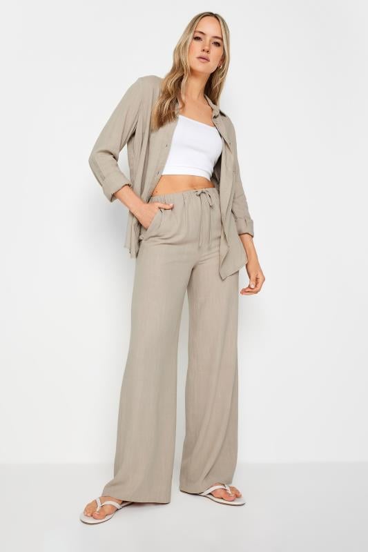 Evans LTS Tall Stone Brown Linen Tie Waist Wide Leg Trousers