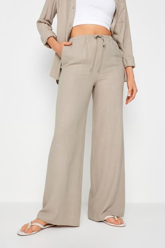 Evans LTS Tall Stone Brown Linen Tie Waist Wide Leg Trousers