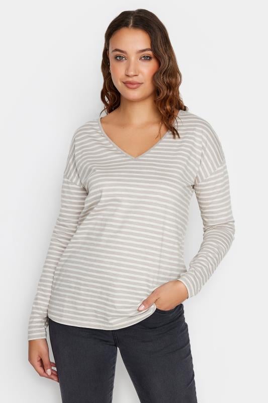 evans LTS Tall Stone Brown & White Stripe V-Neck Cotton T-Shirt