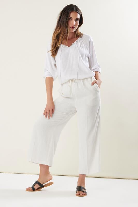 Evans LTS Tall White Linen Tie Waist Cropped Trousers