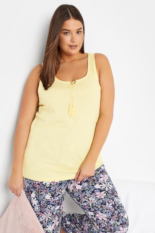 evans LTS Tall Yellow Tassel Tie Cotton Pyjama Vest Top