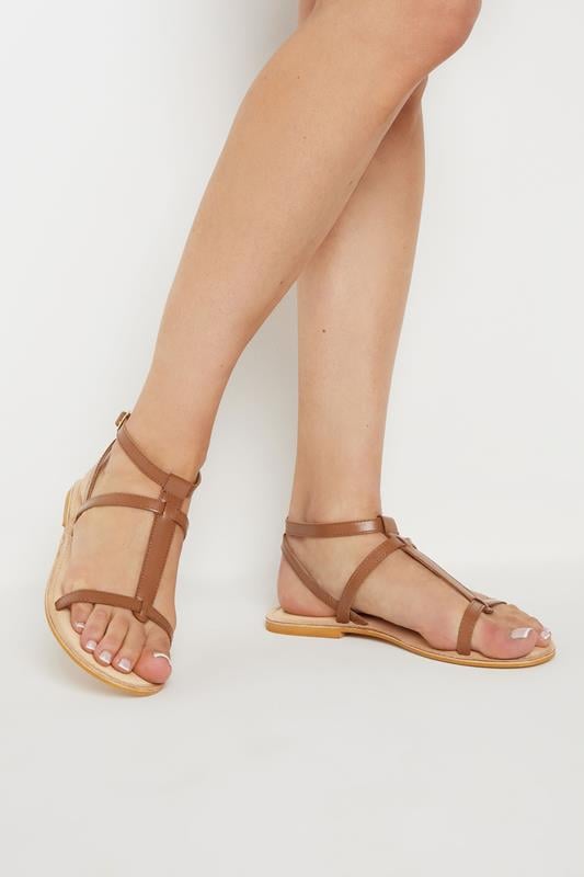 Evans LTS Tan Brown Leather Cross Strap Flat Sandals In Standard Fit