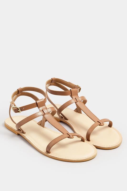 Evans LTS Tan Brown Leather Cross Strap Flat Sandals In Standard Fit