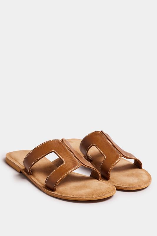 Evans LTS Tan Brown Leather Cut Out Mule Sandals In Standard Fit
