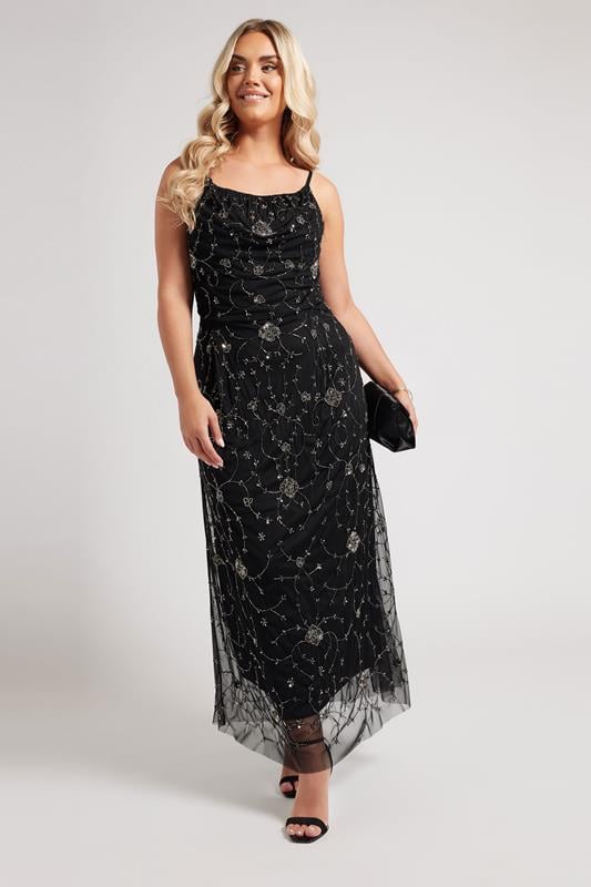 evans LUXE Curve Black Floral Hand Embellished Maxi Dress