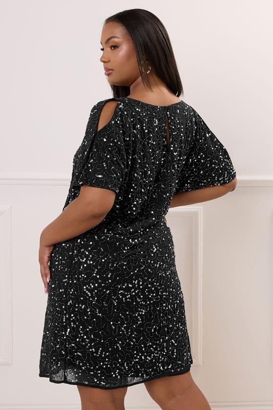 Evans LUXE Curve Black Sequin Hand Embellished Cold Shoulder Cape Dress