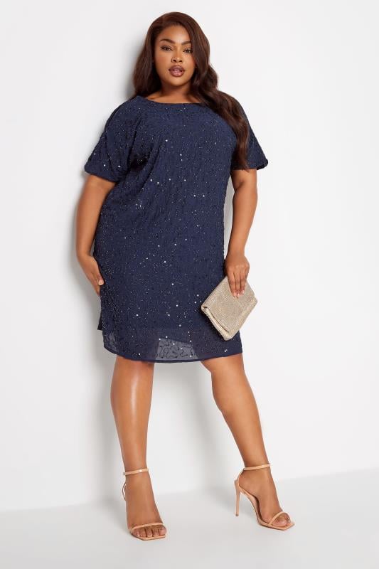 evans LUXE Curve Blue Sequin Hand Embellished Cape Dress