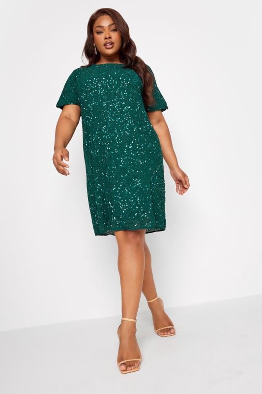 evans LUXE Curve Forest Green Sequin Hand Embellished Cape Dress