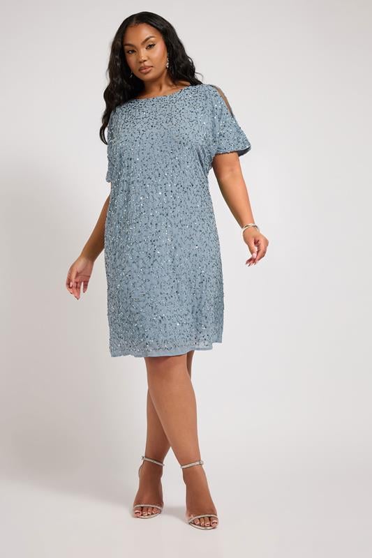 Evans LUXE Curve Light Blue Sequin Hand Embellished Cape Dress