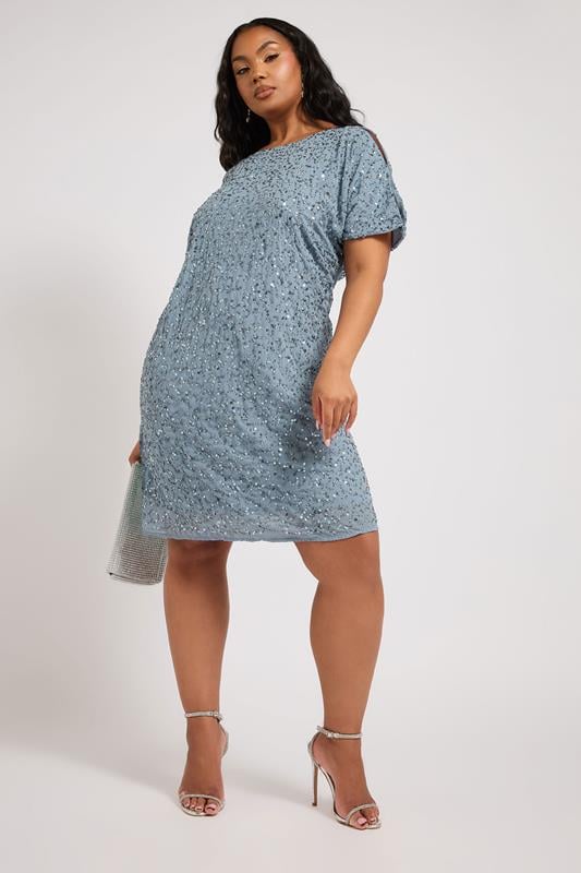 Evans LUXE Curve Light Blue Sequin Hand Embellished Cape Dress