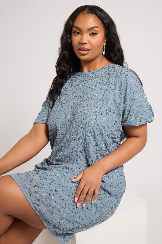 evans LUXE Curve Light Blue Sequin Hand Embellished Cape Dress