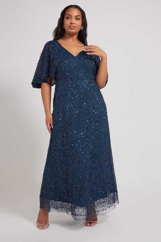 evans LUXE Curve Navy Blue Hand Embellished V-Neck Maxi Dress