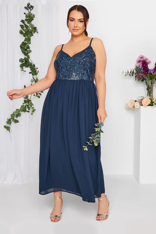 Evans LUXE Curve Navy Blue Sequin Embellished Sleeveless Maxi Dress
