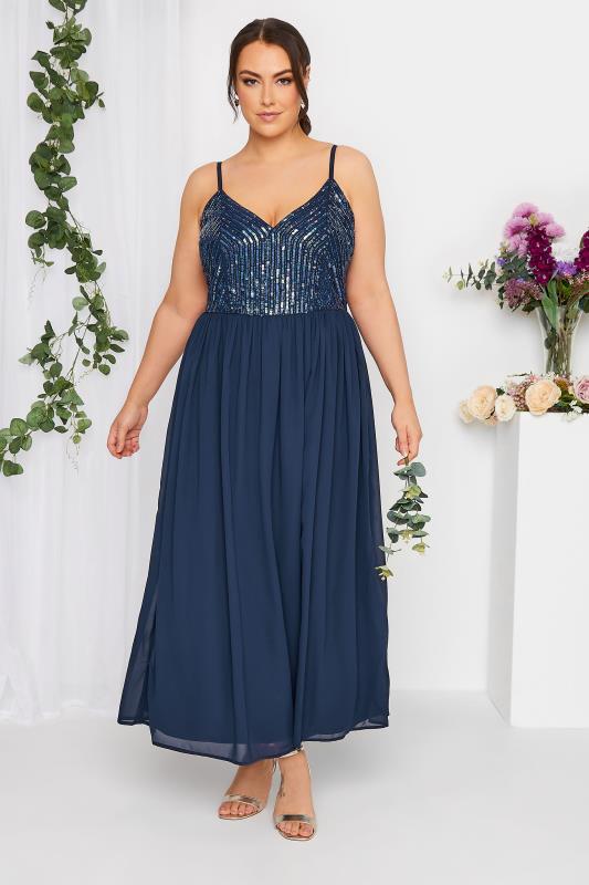 evans LUXE Curve Navy Blue Sequin Embellished Sleeveless Maxi Dress