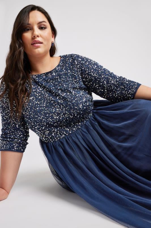 Evans LUXE Curve Navy Blue Sequin Hand Embellished Maxi Dress