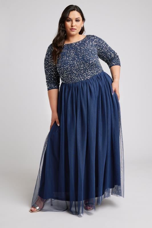 Evans LUXE Curve Navy Blue Sequin Hand Embellished Maxi Dress