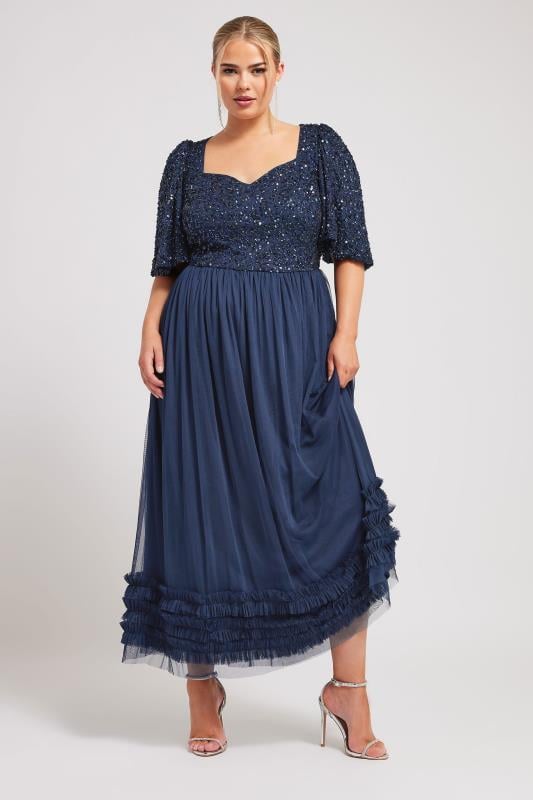 Evans LUXE Curve Navy Blue Sequin Sweetheart Ruffle Maxi Dress