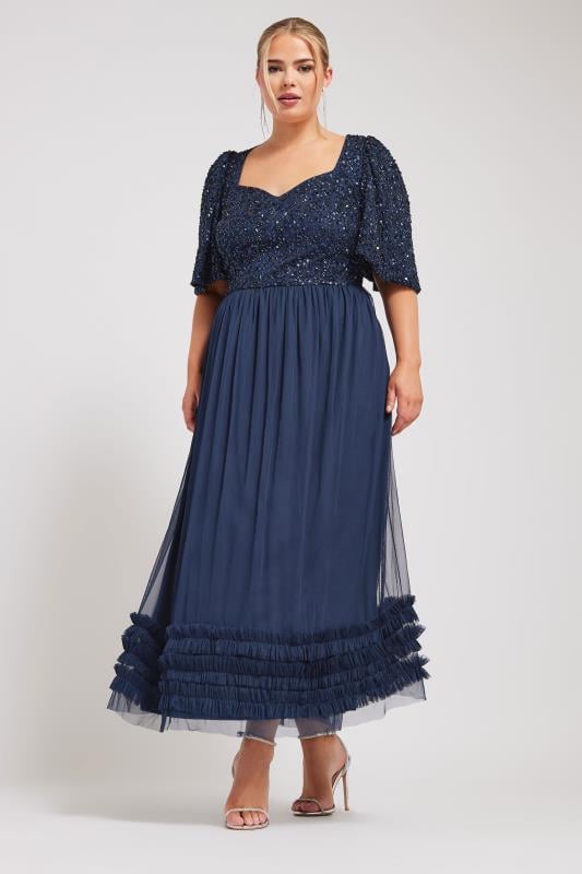 evans LUXE Curve Navy Blue Sequin Sweetheart Ruffle Maxi Dress