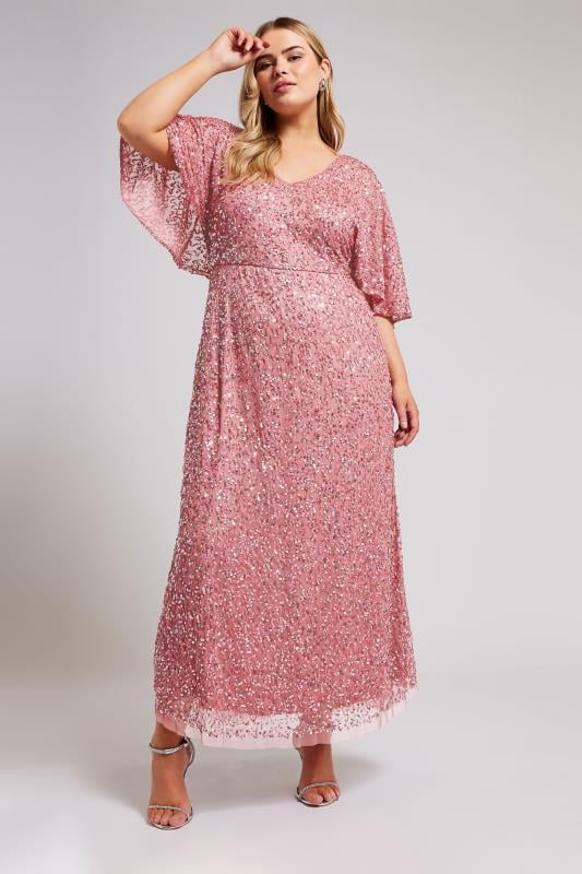 evans LUXE Curve Pink Hand Embellished Angel Sleeve Maxi Dress