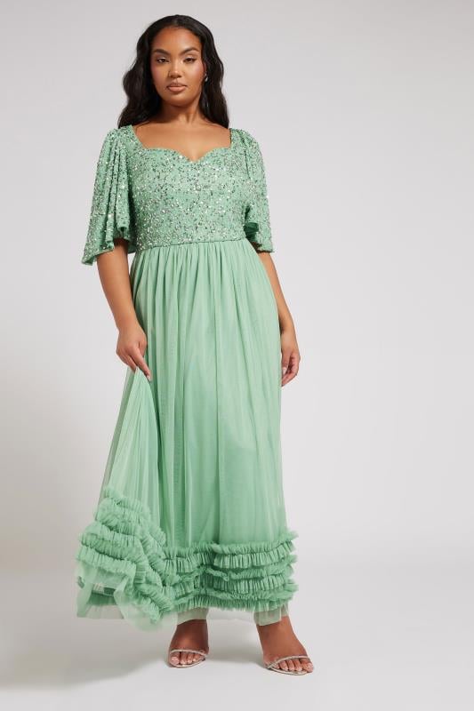 Evans LUXE Curve Sage Green Embellished Ruffle Maxi Dress