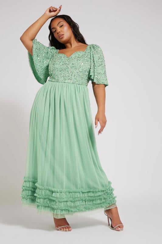 evans LUXE Curve Sage Green Embellished Ruffle Maxi Dress