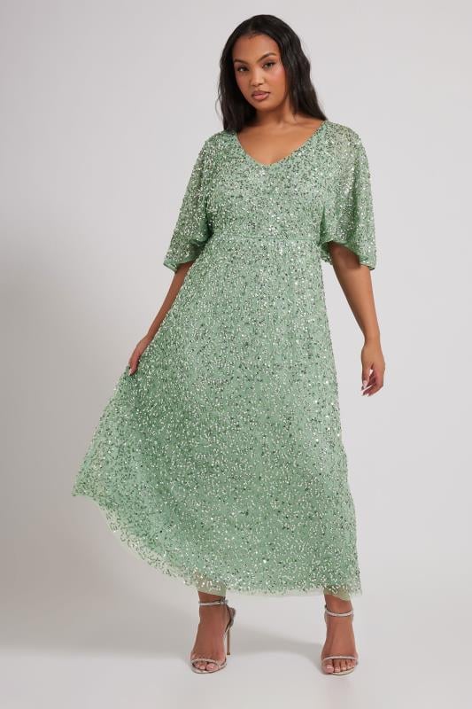 evans LUXE Curve Sage Green Sequin Embellished Maxi Dress
