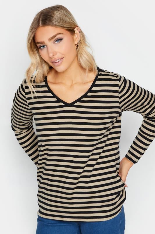 Evans M&Co Beige Brown Stripe V-Neck Cotton Long Sleeve T-Shirt